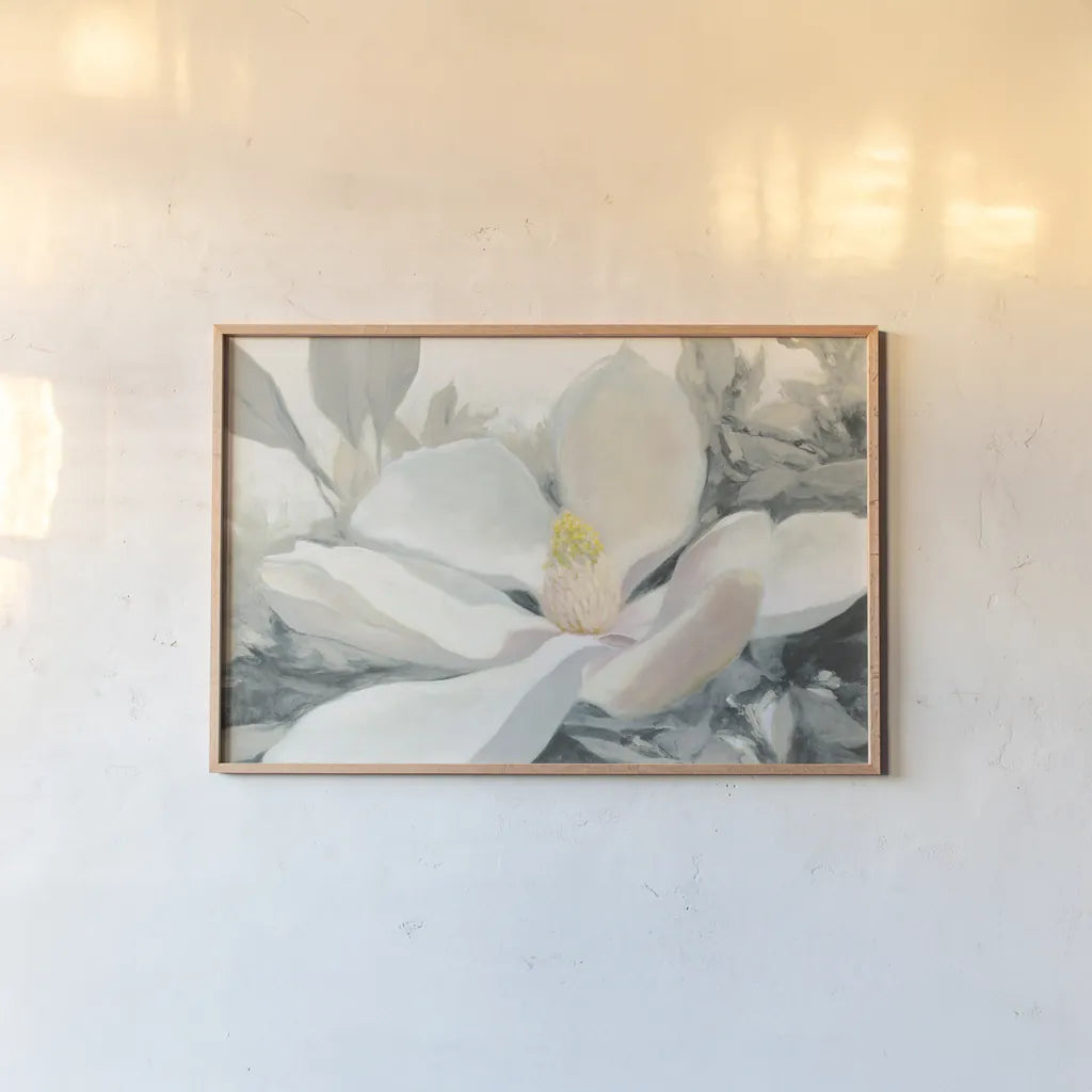 Majestic Magnolia Green Gray Crop by Julia Purinton. shown as a paper print in a natural frame. Available as a archival giclee rolled canvas, fine art paper, or poster print. SKU 37137i.
