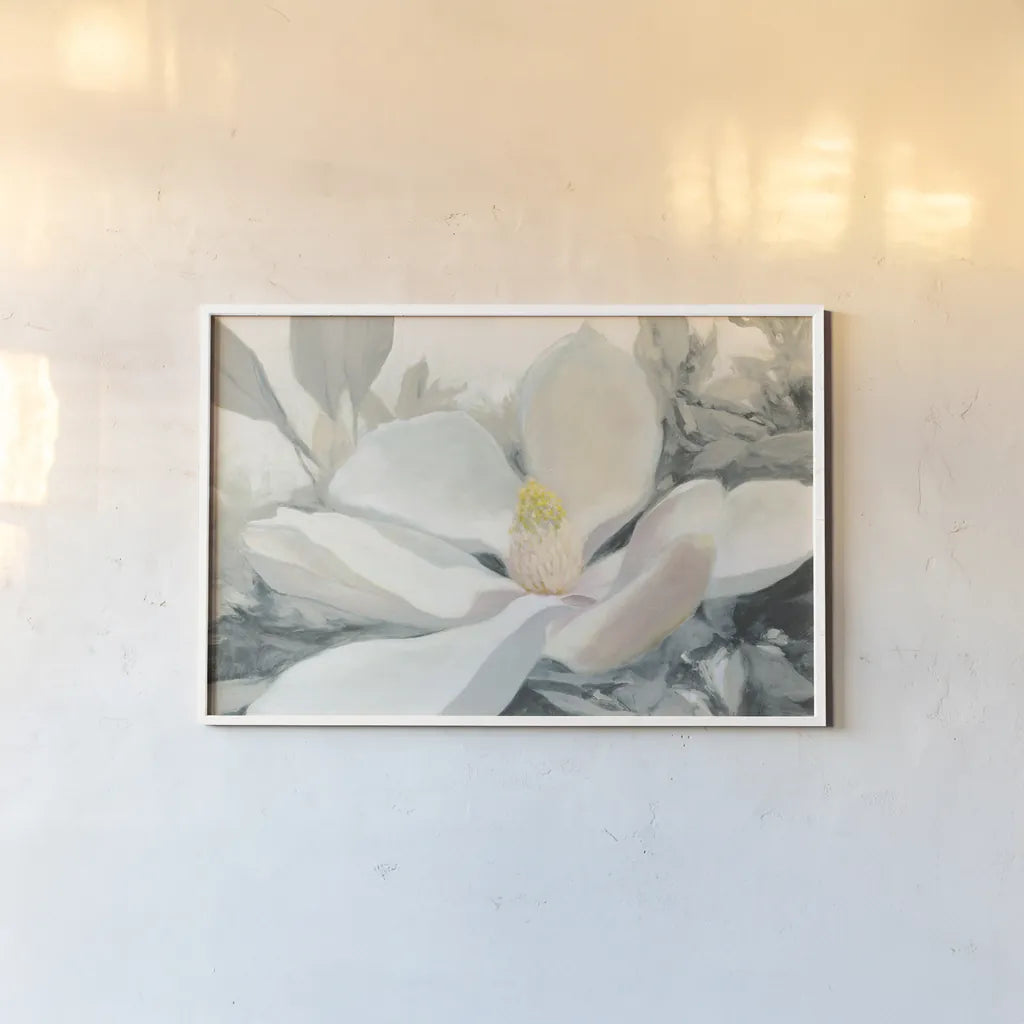 Majestic Magnolia Green Gray Crop by Julia Purinton. shown as a paper print in a white frame. Available as a archival giclee rolled canvas, fine art paper, or poster print. SKU 37137i.