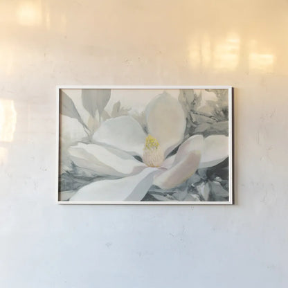 Majestic Magnolia Green Gray Crop by Julia Purinton. shown as a paper print in a white frame. Available as a archival giclee rolled canvas, fine art paper, or poster print. SKU 37137i.