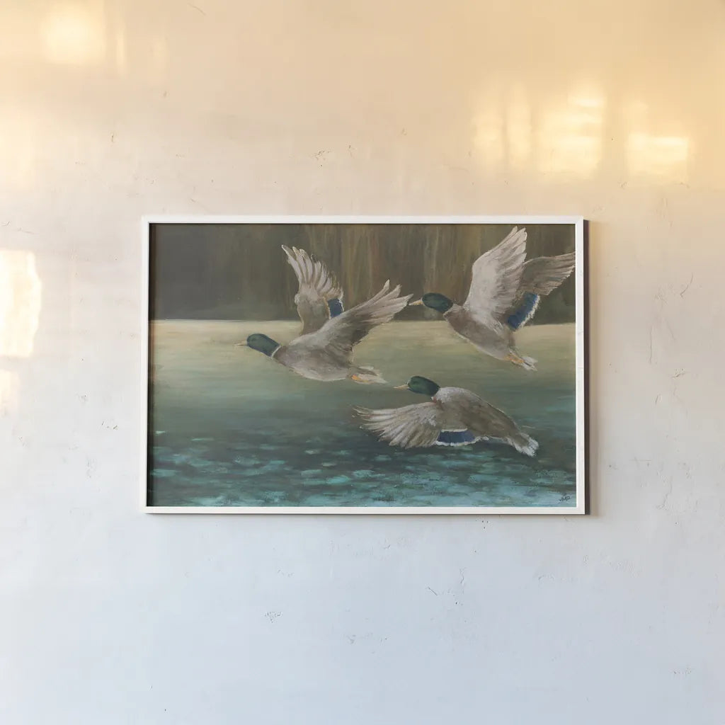 Mallard Flight by Julia Purinton. shown as a paper print in a white frame. Available as a archival giclee rolled canvas, fine art paper, or poster print. SKU 97245i.