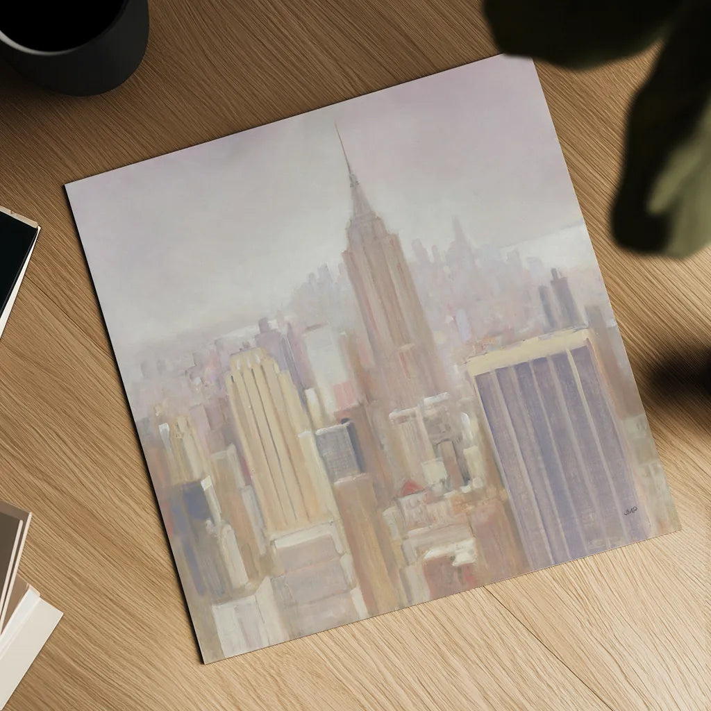 Manhattan in the Mist by Julia Purinton. Shown as a detailed flat fine art print, highlighting archival giclee quality. Available as an archival giclee rolled canvas, fine art paper, or poster print. SKU 43390a.