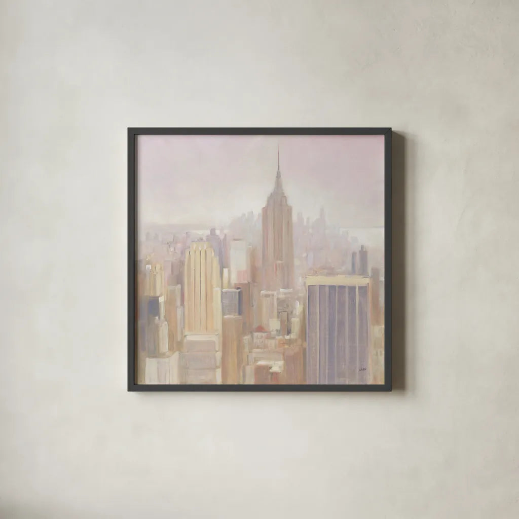 Manhattan in the Mist by Julia Purinton. Shown in a sleek black glass frame for a contemporary gallery look. Available as an archival giclee rolled canvas, fine art paper, or poster print. SKU 43390a.