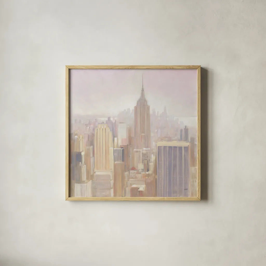 Manhattan in the Mist by Julia Purinton. Shown in a natural wood glass frame for a timeless modern aesthetic. Available as an archival giclee rolled canvas, fine art paper, or poster print. SKU 43390a.