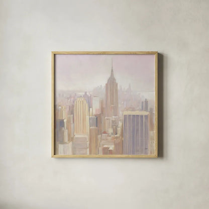 Manhattan in the Mist by Julia Purinton. Shown in a natural wood glass frame for a timeless modern aesthetic. Available as an archival giclee rolled canvas, fine art paper, or poster print. SKU 43390a.