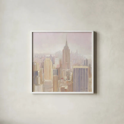 Manhattan in the Mist by Julia Purinton. Shown in a crisp white glass frame for a clean and minimalist style. Available as an archival giclee rolled canvas, fine art paper, or poster print. SKU 43390a.