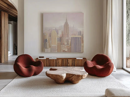 Manhattan in the Mist by Julia Purinton. Shown as extra-large giant wall art in a modern living room. Available as an archival giclee rolled canvas, fine art paper, or poster print. SKU 43390a.