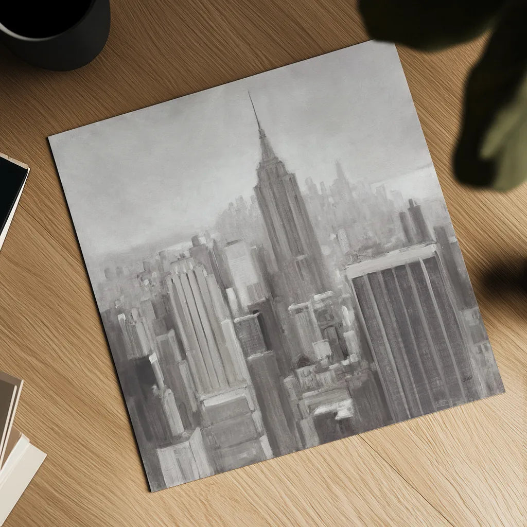 Manhattan in the Mist Gray by Julia Purinton. Shown as a detailed flat fine art print, highlighting archival giclee quality. Available as an archival giclee rolled canvas, fine art paper, or poster print. SKU 46340a.