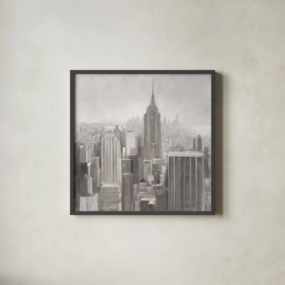 Manhattan in the Mist Gray by Julia Purinton. Shown in a sleek black glass frame for a contemporary gallery look. Available as an archival giclee rolled canvas, fine art paper, or poster print. SKU 46340a.