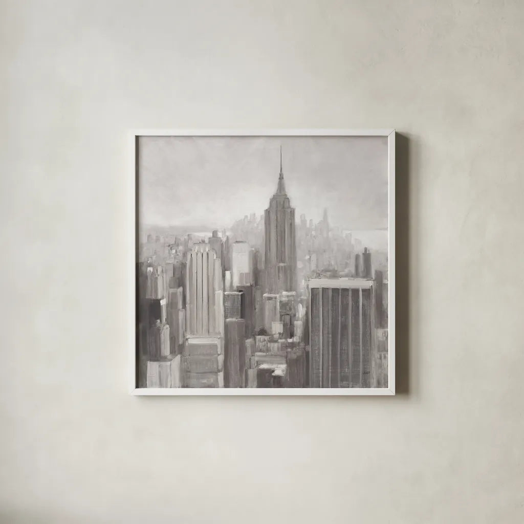 Manhattan in the Mist Gray by Julia Purinton. Shown in a crisp white glass frame for a clean and minimalist style. Available as an archival giclee rolled canvas, fine art paper, or poster print. SKU 46340a.