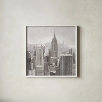 Manhattan in the Mist Gray by Julia Purinton. Shown in a crisp white glass frame for a clean and minimalist style. Available as an archival giclee rolled canvas, fine art paper, or poster print. SKU 46340a.