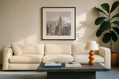 Manhattan in the Mist Gray by Julia Purinton. Displayed in a glass frame with matte in a clean modern living room. Available as an archival giclee rolled canvas, fine art paper, or poster print. SKU 46340a.