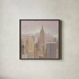 Manhattan in the Mist v2 by Julia Purinton. Shown in a sleek black glass frame for a contemporary gallery look. Available as an archival giclee rolled canvas, fine art paper, or poster print. SKU 45675a.