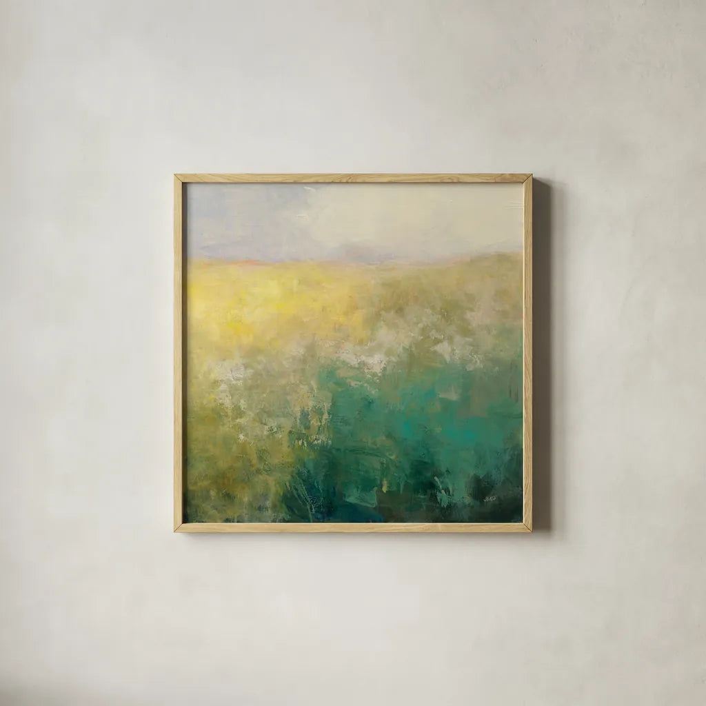 Meadow Abstract by Julia Purinton. Shown in a natural wood glass frame for a timeless modern aesthetic. Available as an archival giclee rolled canvas, fine art paper, or poster print. SKU 63330a.