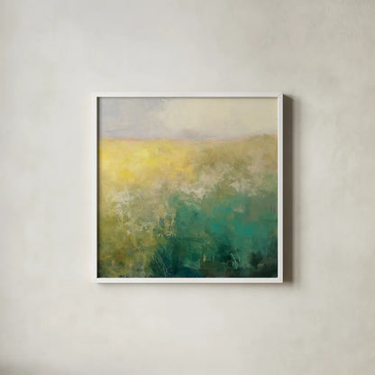 Meadow Abstract by Julia Purinton. Shown in a crisp white glass frame for a clean and minimalist style. Available as an archival giclee rolled canvas, fine art paper, or poster print. SKU 63330a.