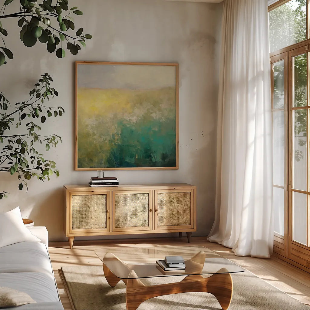 Meadow Abstract by Julia Purinton. Shown in a natural wood frame in a cozy modern living room. Available as an archival giclee rolled canvas, fine art paper, or poster print. SKU 63330a.