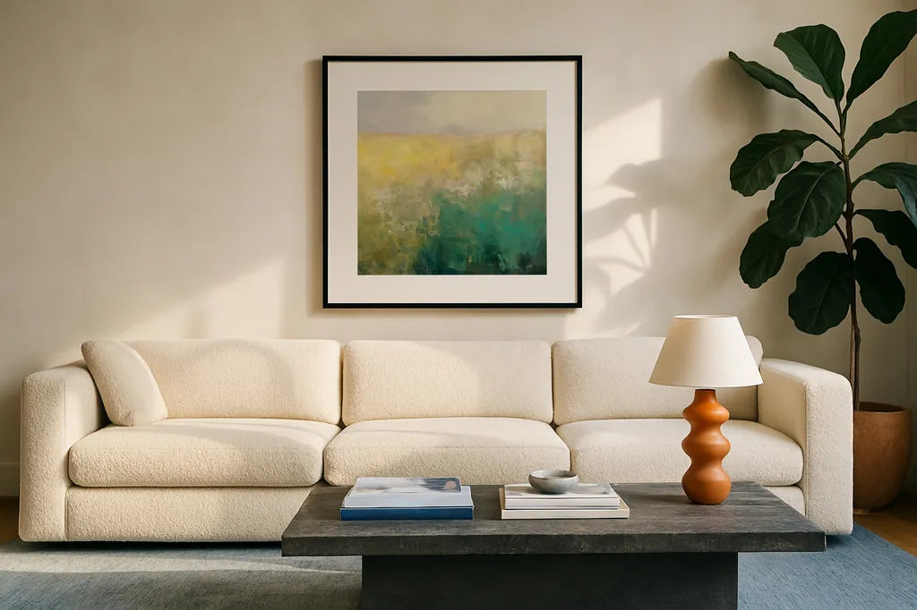 Meadow Abstract by Julia Purinton. Displayed in a glass frame with matte in a clean modern living room. Available as an archival giclee rolled canvas, fine art paper, or poster print. SKU 63330a.