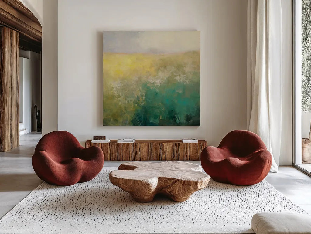 Meadow Abstract by Julia Purinton. Shown as extra-large giant wall art in a modern living room. Available as an archival giclee rolled canvas, fine art paper, or poster print. SKU 63330a.