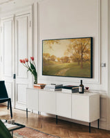 Midas Touch by Julia Purinton. shown as a framed stretched canvas in a living room above a console. Available as a archival giclee rolled canvas, fine art paper, or poster print. SKU 12091i.