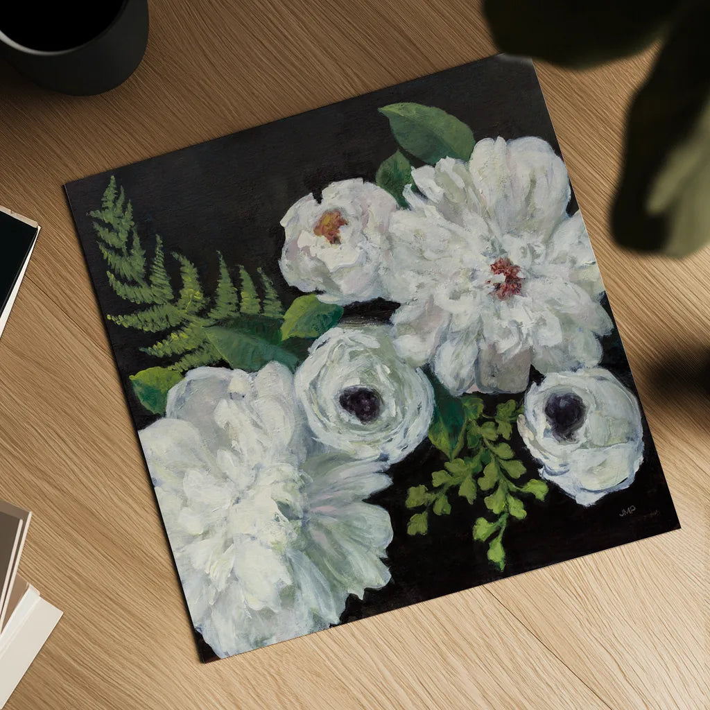 Midnight Bouquet I by Julia Purinton. Shown as a detailed flat fine art print, highlighting archival giclee quality. Available as an archival giclee rolled canvas, fine art paper, or poster print. SKU 83842a.