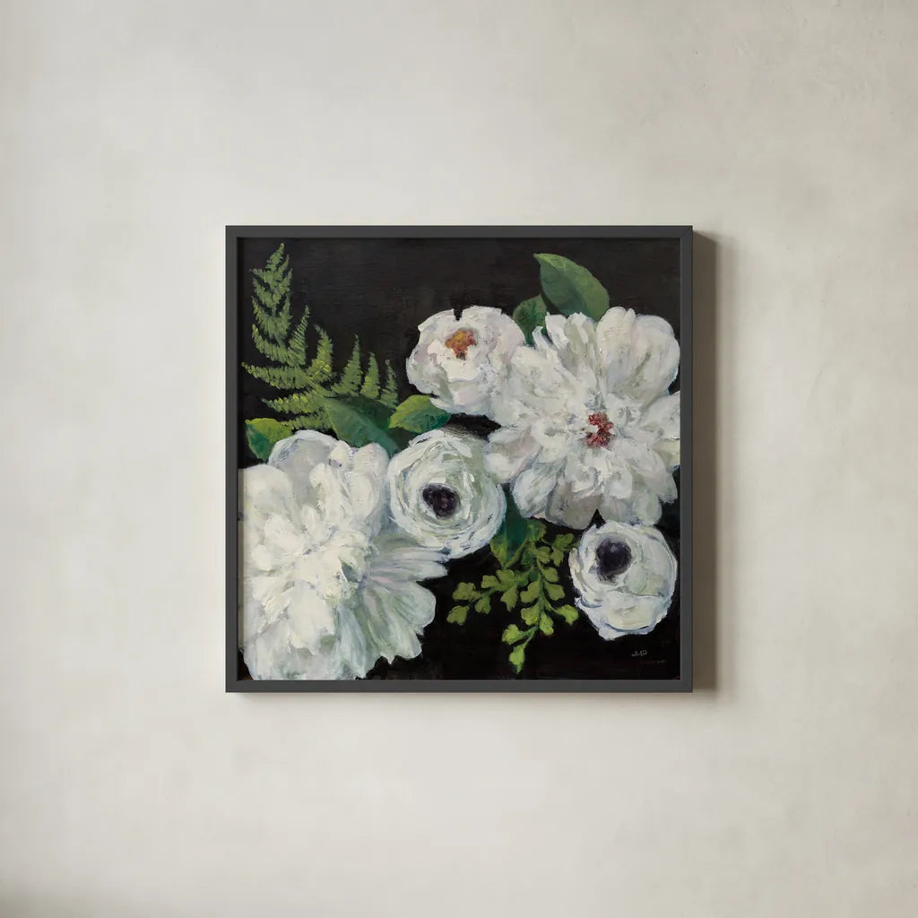 Midnight Bouquet I by Julia Purinton. Shown in a sleek black glass frame for a contemporary gallery look. Available as an archival giclee rolled canvas, fine art paper, or poster print. SKU 83842a.