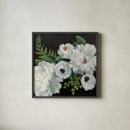 Midnight Bouquet I by Julia Purinton. Shown in a sleek black glass frame for a contemporary gallery look. Available as an archival giclee rolled canvas, fine art paper, or poster print. SKU 83842a.
