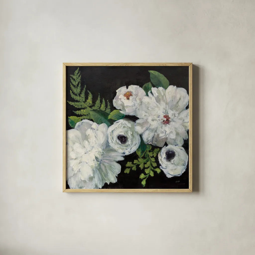 Midnight Bouquet I by Julia Purinton. Shown in a natural wood glass frame for a timeless modern aesthetic. Available as an archival giclee rolled canvas, fine art paper, or poster print. SKU 83842a.