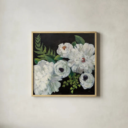 Midnight Bouquet I by Julia Purinton. Shown in a natural wood glass frame for a timeless modern aesthetic. Available as an archival giclee rolled canvas, fine art paper, or poster print. SKU 83842a.