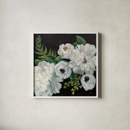 Midnight Bouquet I by Julia Purinton. Shown in a crisp white glass frame for a clean and minimalist style. Available as an archival giclee rolled canvas, fine art paper, or poster print. SKU 83842a.