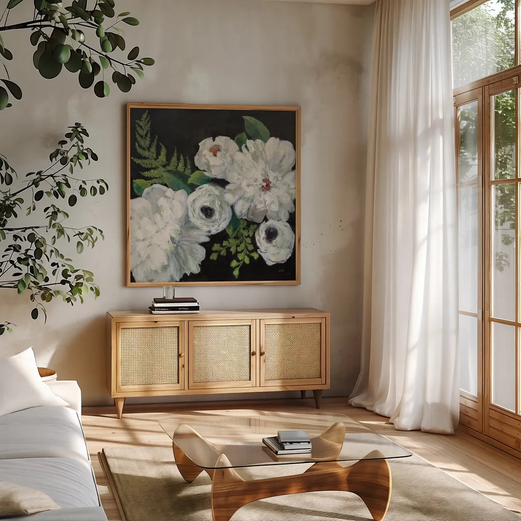 Midnight Bouquet I by Julia Purinton. Shown in a natural wood frame in a cozy modern living room. Available as an archival giclee rolled canvas, fine art paper, or poster print. SKU 83842a.