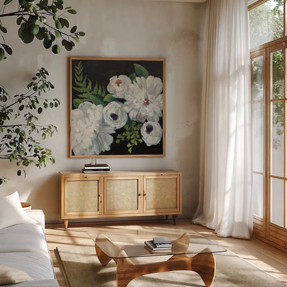 Midnight Bouquet I by Julia Purinton. Shown in a natural wood frame in a cozy modern living room. Available as an archival giclee rolled canvas, fine art paper, or poster print. SKU 83842a.