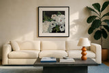 Midnight Bouquet I by Julia Purinton. Displayed in a glass frame with matte in a clean modern living room. Available as an archival giclee rolled canvas, fine art paper, or poster print. SKU 83842a.