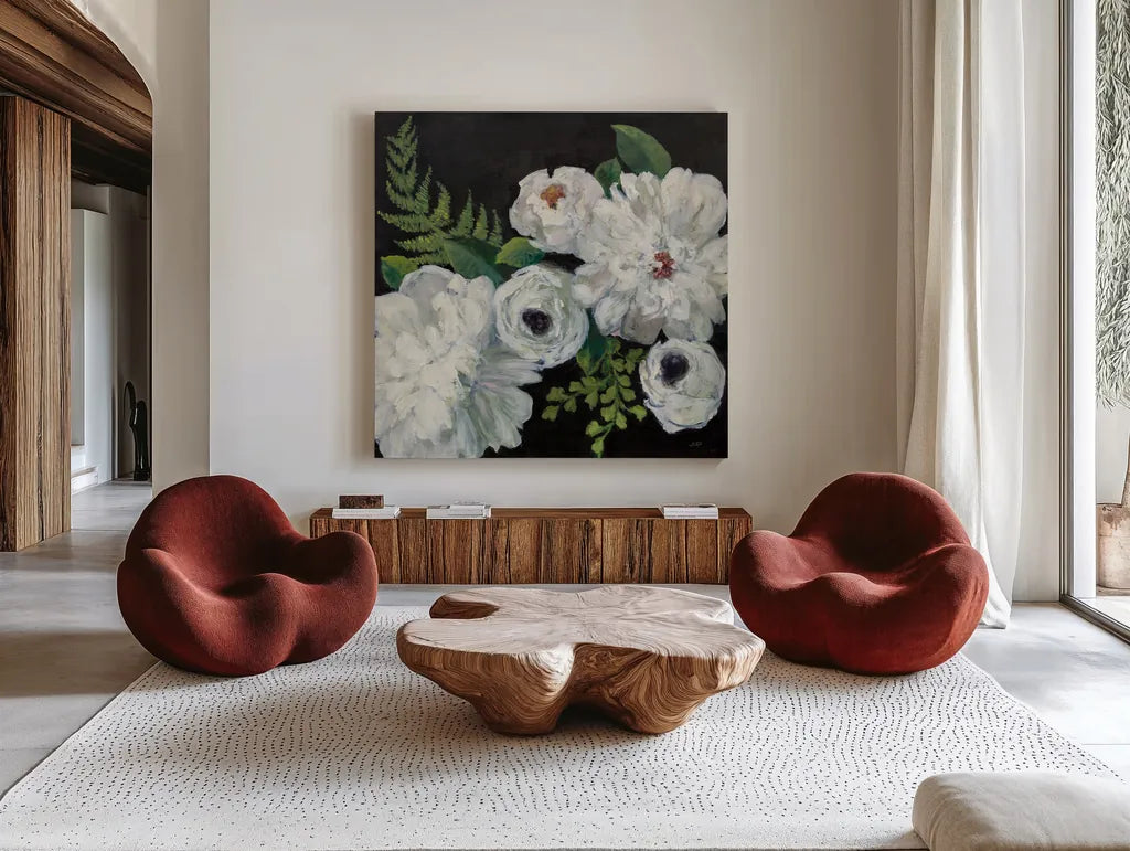 Midnight Bouquet I by Julia Purinton. Shown as extra-large giant wall art in a modern living room. Available as an archival giclee rolled canvas, fine art paper, or poster print. SKU 83842a.