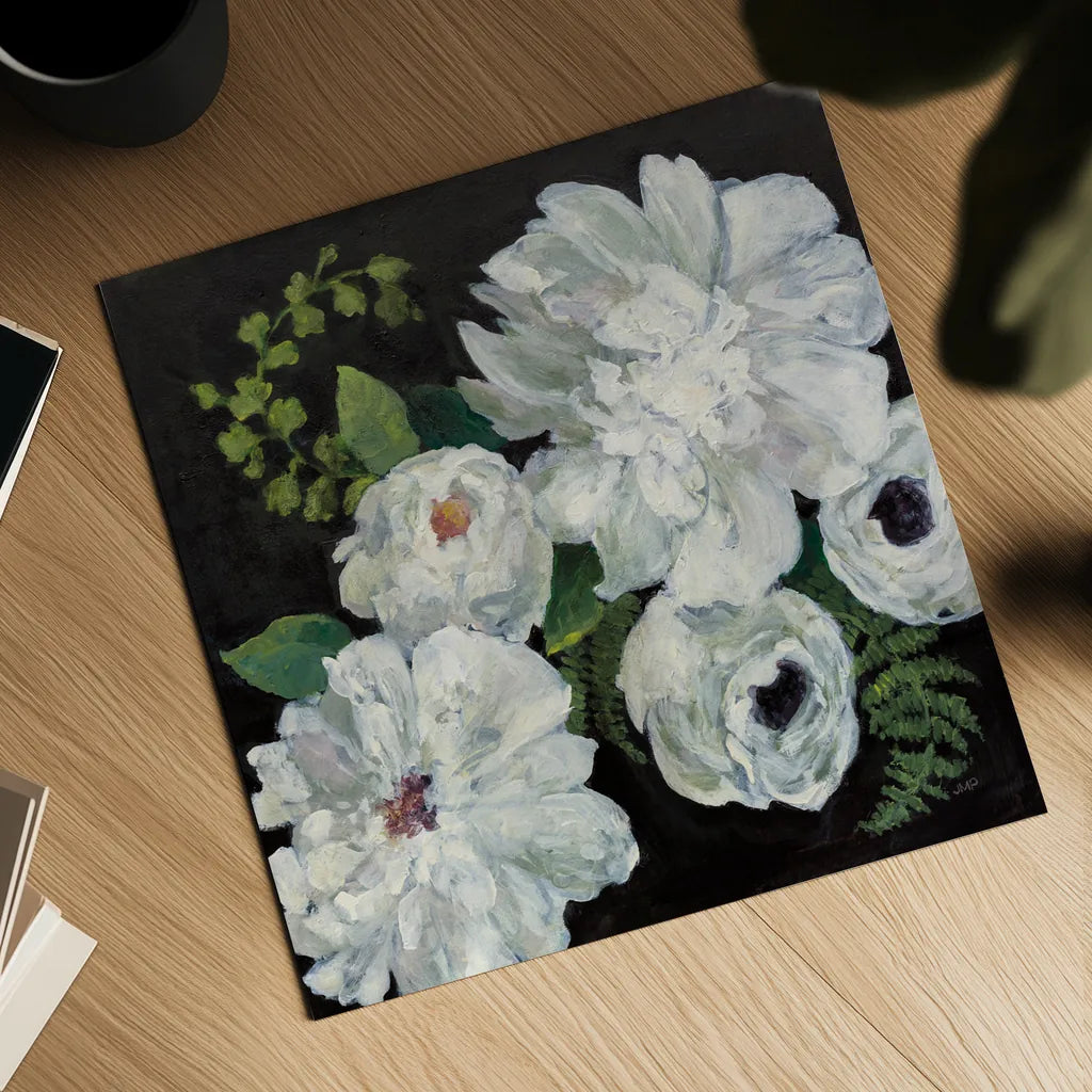 Midnight Bouquet II by Julia Purinton. Shown as a detailed flat fine art print, highlighting archival giclee quality. Available as an archival giclee rolled canvas, fine art paper, or poster print. SKU 83843a.