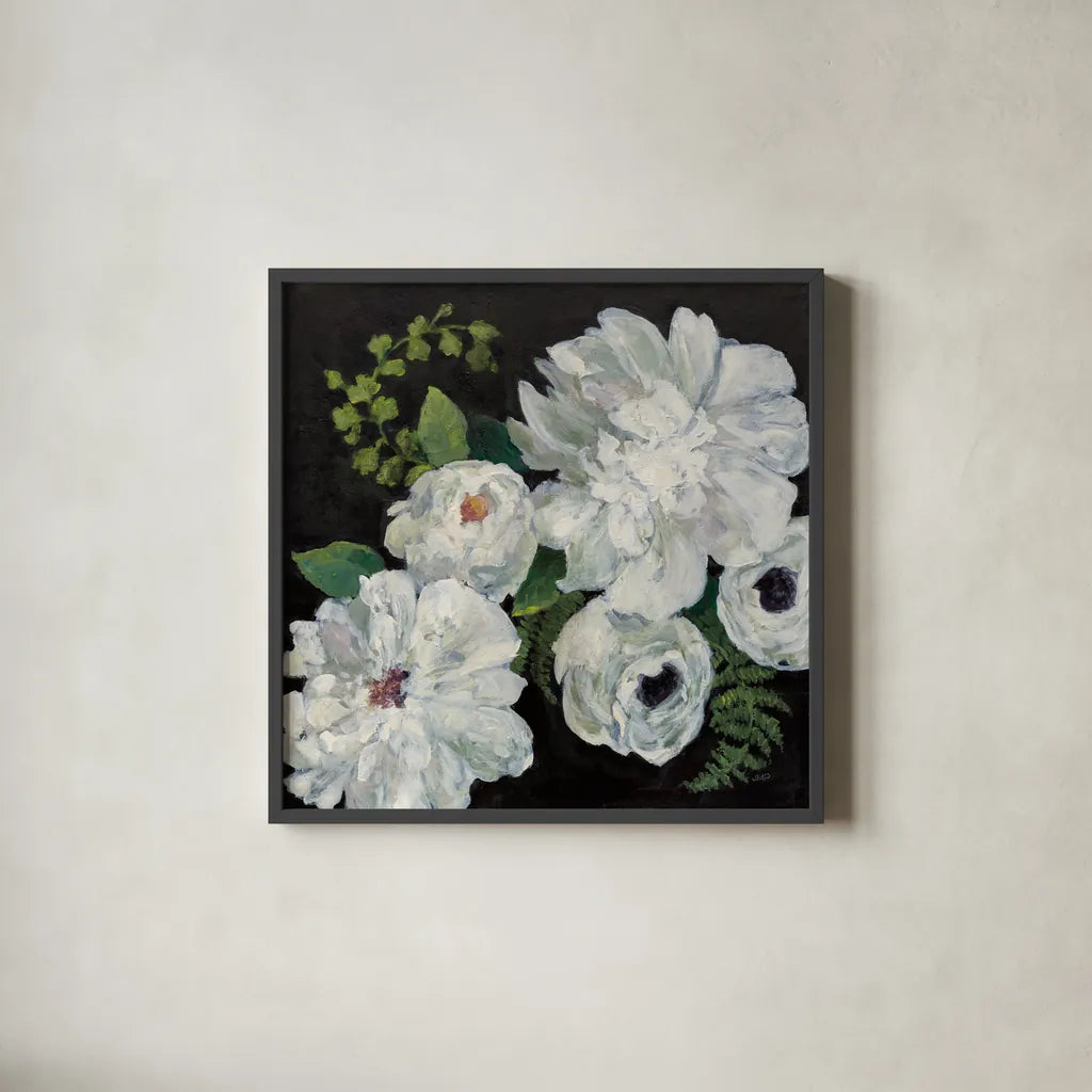 Midnight Bouquet II by Julia Purinton. Shown in a sleek black glass frame for a contemporary gallery look. Available as an archival giclee rolled canvas, fine art paper, or poster print. SKU 83843a.