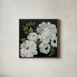 Midnight Bouquet II by Julia Purinton. Shown in a sleek black glass frame for a contemporary gallery look. Available as an archival giclee rolled canvas, fine art paper, or poster print. SKU 83843a.
