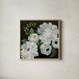 Midnight Bouquet II by Julia Purinton. Shown in a natural wood glass frame for a timeless modern aesthetic. Available as an archival giclee rolled canvas, fine art paper, or poster print. SKU 83843a.