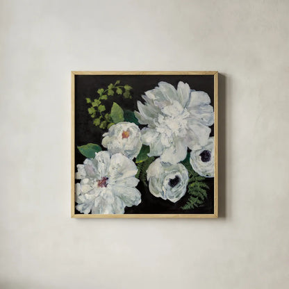 Midnight Bouquet II by Julia Purinton. Shown in a natural wood glass frame for a timeless modern aesthetic. Available as an archival giclee rolled canvas, fine art paper, or poster print. SKU 83843a.