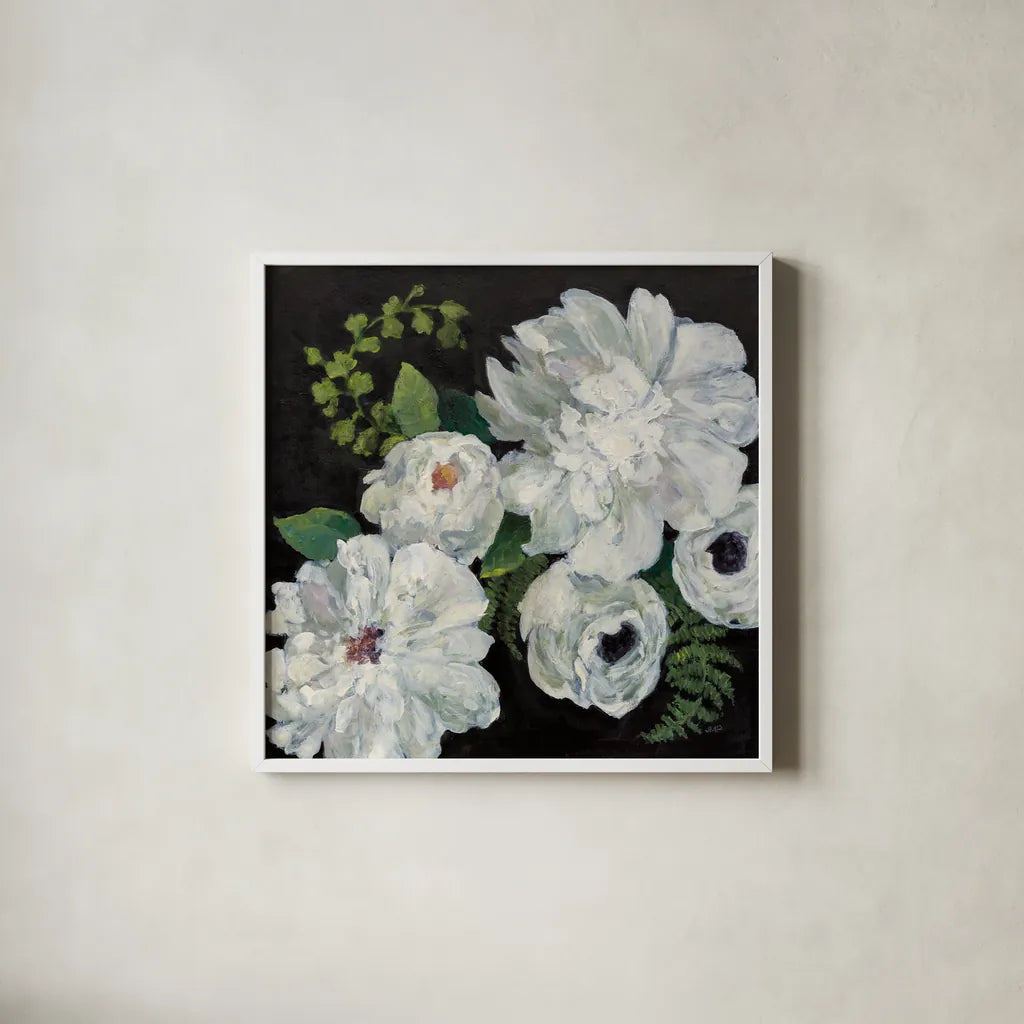 Midnight Bouquet II by Julia Purinton. Shown in a crisp white glass frame for a clean and minimalist style. Available as an archival giclee rolled canvas, fine art paper, or poster print. SKU 83843a.