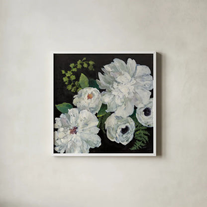 Midnight Bouquet II by Julia Purinton. Shown in a crisp white glass frame for a clean and minimalist style. Available as an archival giclee rolled canvas, fine art paper, or poster print. SKU 83843a.