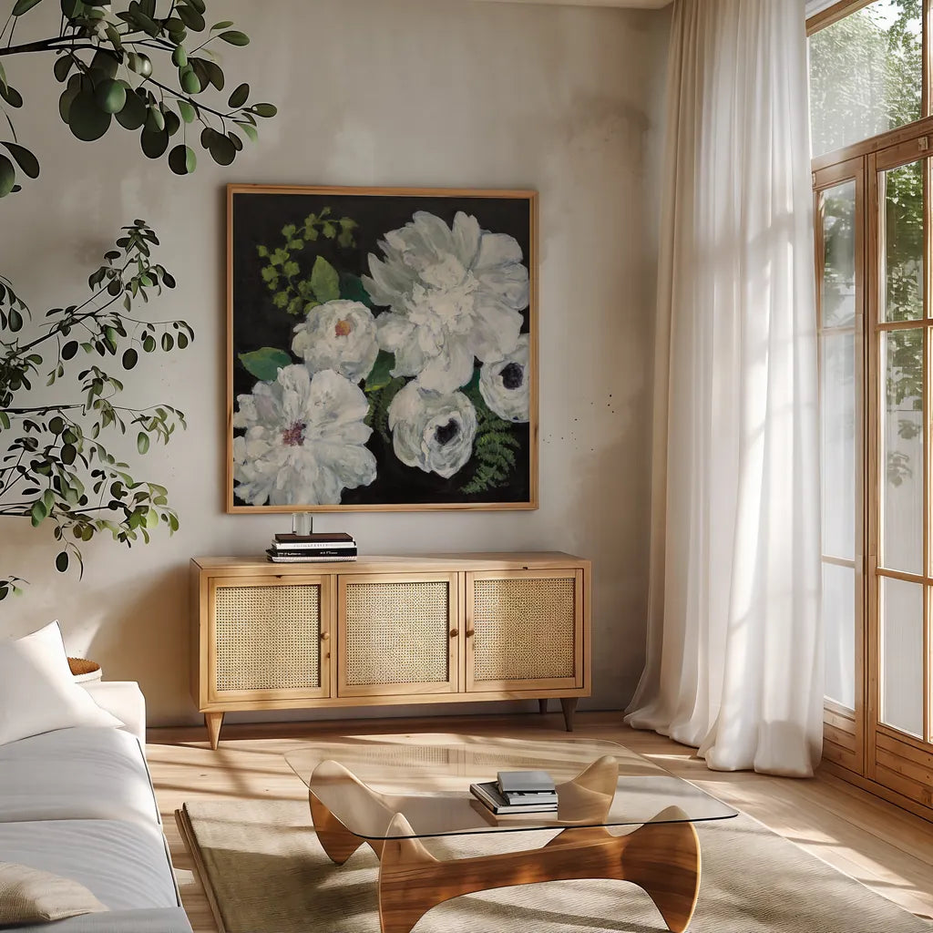 Midnight Bouquet II by Julia Purinton. Shown in a natural wood frame in a cozy modern living room. Available as an archival giclee rolled canvas, fine art paper, or poster print. SKU 83843a.