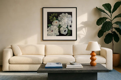 Midnight Bouquet II by Julia Purinton. Displayed in a glass frame with matte in a clean modern living room. Available as an archival giclee rolled canvas, fine art paper, or poster print. SKU 83843a.