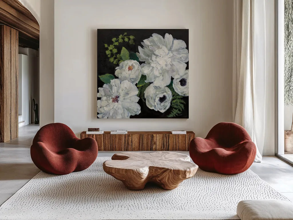Midnight Bouquet II by Julia Purinton. Shown as extra-large giant wall art in a modern living room. Available as an archival giclee rolled canvas, fine art paper, or poster print. SKU 83843a.