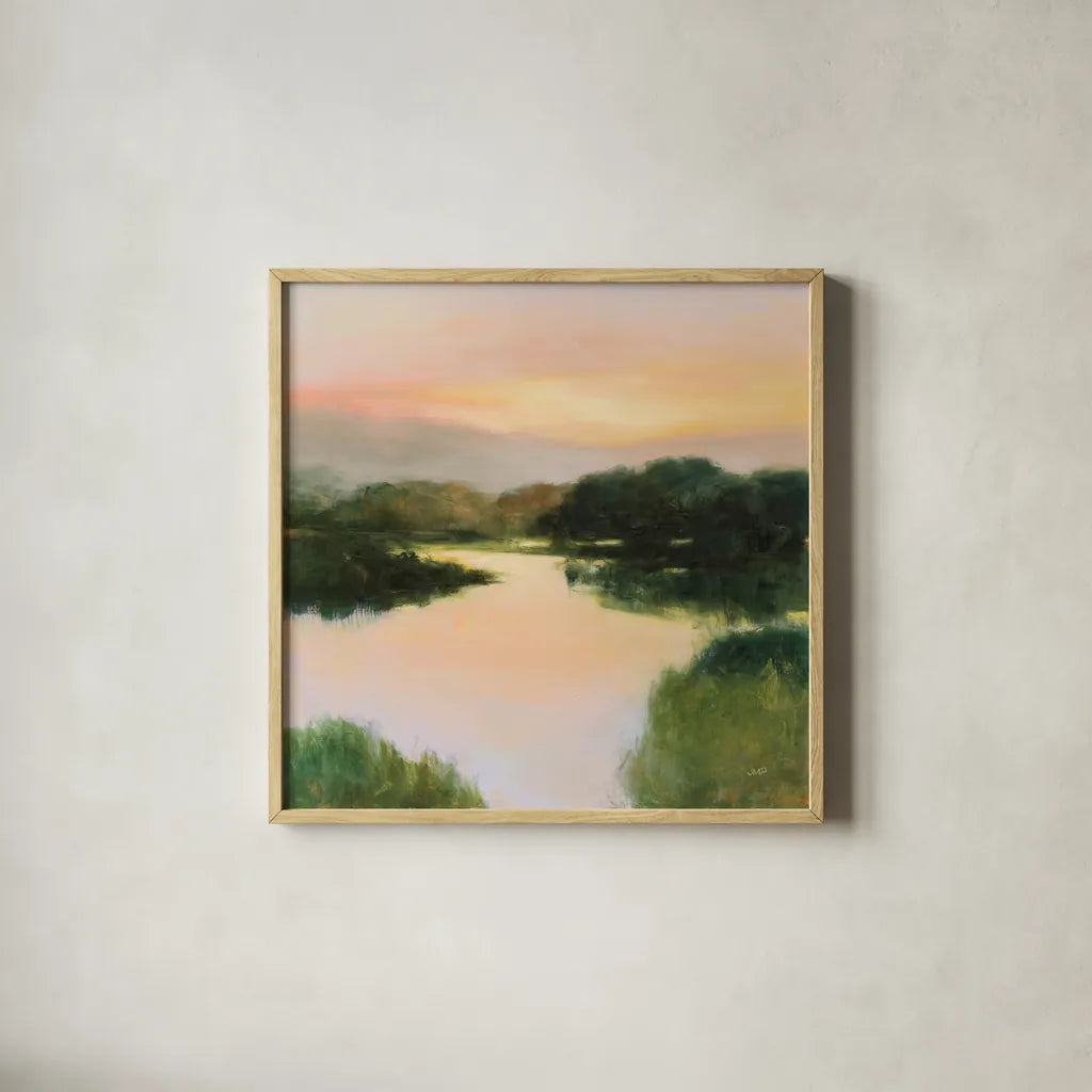 Mirror Lake by Julia Purinton. Shown in a natural wood glass frame for a timeless modern aesthetic. Available as an archival giclee rolled canvas, fine art paper, or poster print. SKU 82635a.