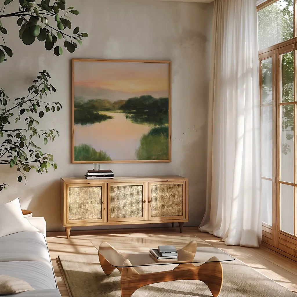 Mirror Lake by Julia Purinton. Shown in a natural wood frame in a cozy modern living room. Available as an archival giclee rolled canvas, fine art paper, or poster print. SKU 82635a.