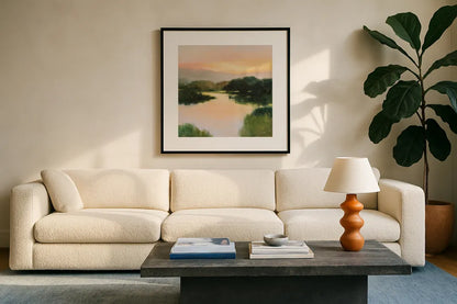 Mirror Lake by Julia Purinton. Displayed in a glass frame with matte in a clean modern living room. Available as an archival giclee rolled canvas, fine art paper, or poster print. SKU 82635a.