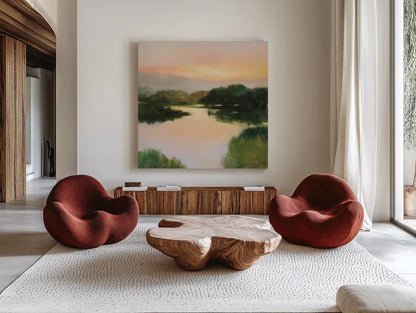 Mirror Lake by Julia Purinton. Shown as extra-large giant wall art in a modern living room. Available as an archival giclee rolled canvas, fine art paper, or poster print. SKU 82635a.
