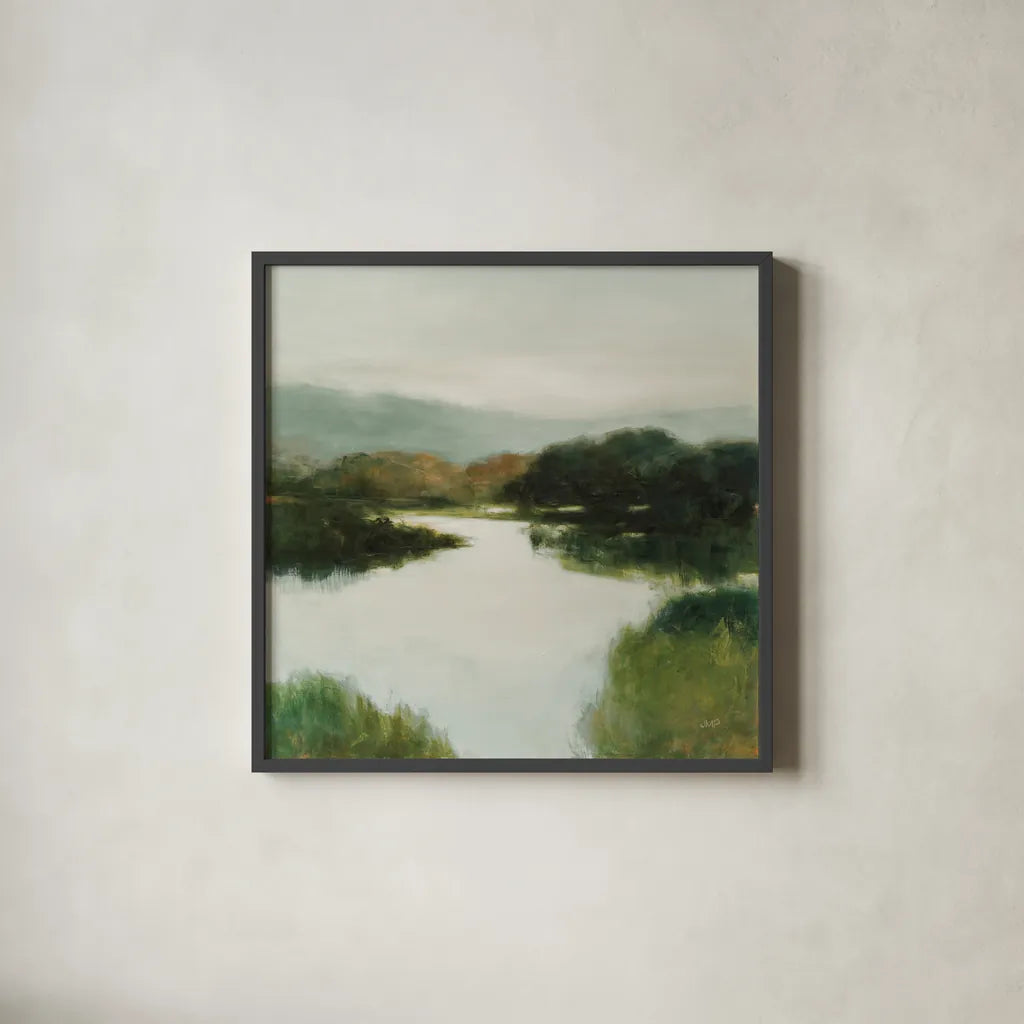 Mirror Lake Neutral by Julia Purinton. Shown in a sleek black glass frame for a contemporary gallery look. Available as an archival giclee rolled canvas, fine art paper, or poster print. SKU 87112a.