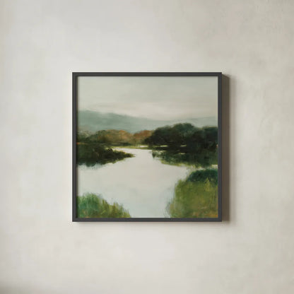 Mirror Lake Neutral by Julia Purinton. Shown in a sleek black glass frame for a contemporary gallery look. Available as an archival giclee rolled canvas, fine art paper, or poster print. SKU 87112a.