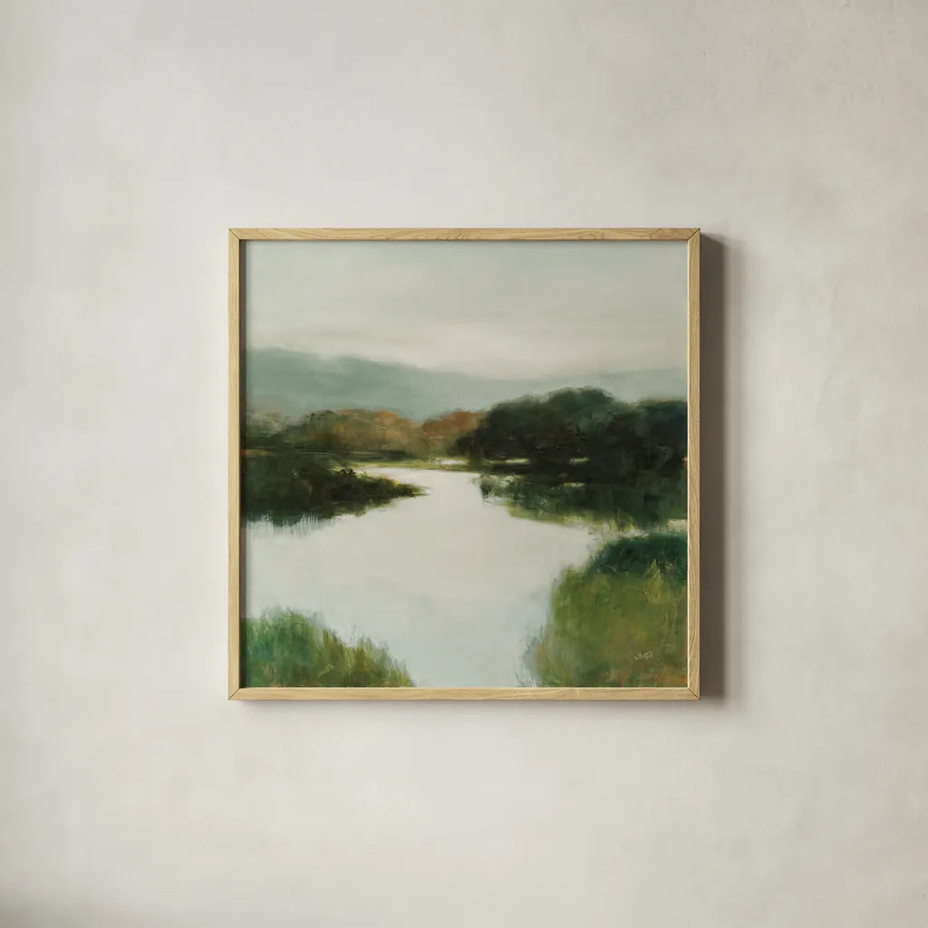 Mirror Lake Neutral by Julia Purinton. Shown in a natural wood glass frame for a timeless modern aesthetic. Available as an archival giclee rolled canvas, fine art paper, or poster print. SKU 87112a.