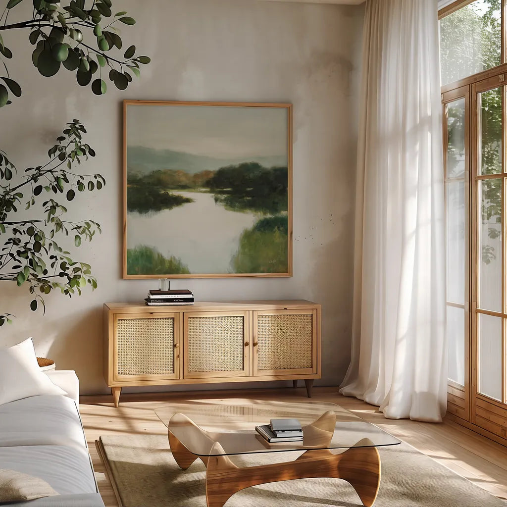 Mirror Lake Neutral by Julia Purinton. Shown in a natural wood frame in a cozy modern living room. Available as an archival giclee rolled canvas, fine art paper, or poster print. SKU 87112a.